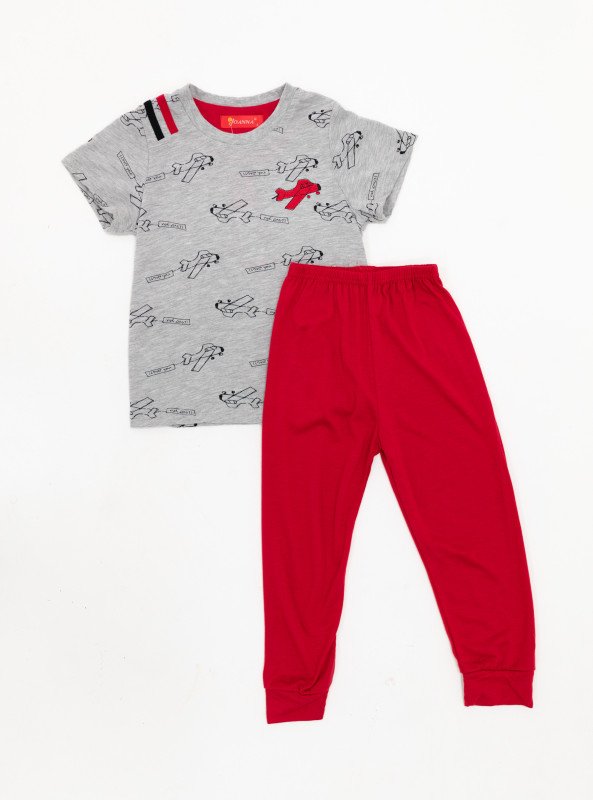 Boys' Airplane Print Pajama Set – Short Sleeve Top & Long Pants - LightSlateGray