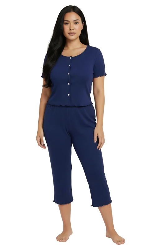 Women's Ribbed Ruffle Pajama Set - Blue