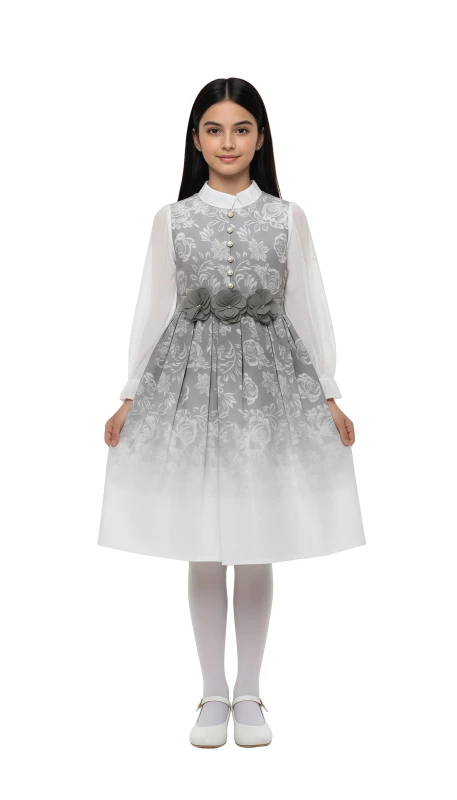 Girl's Floral Ombre Belted Dress with Long Sleeves - LightSlateGray