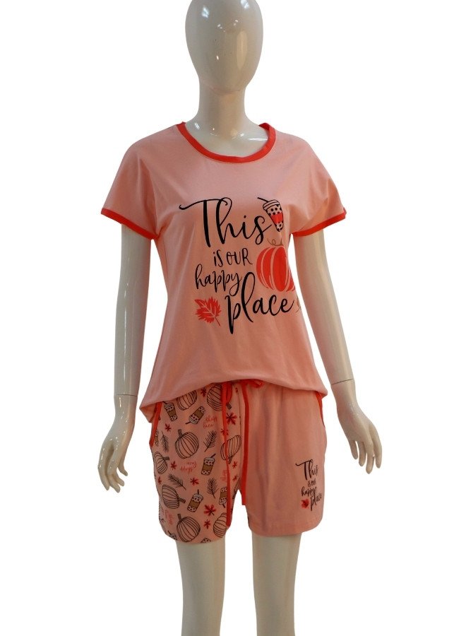 Women's Printed Cotton Lounge Set – "This is Our Happy Place" - Pink