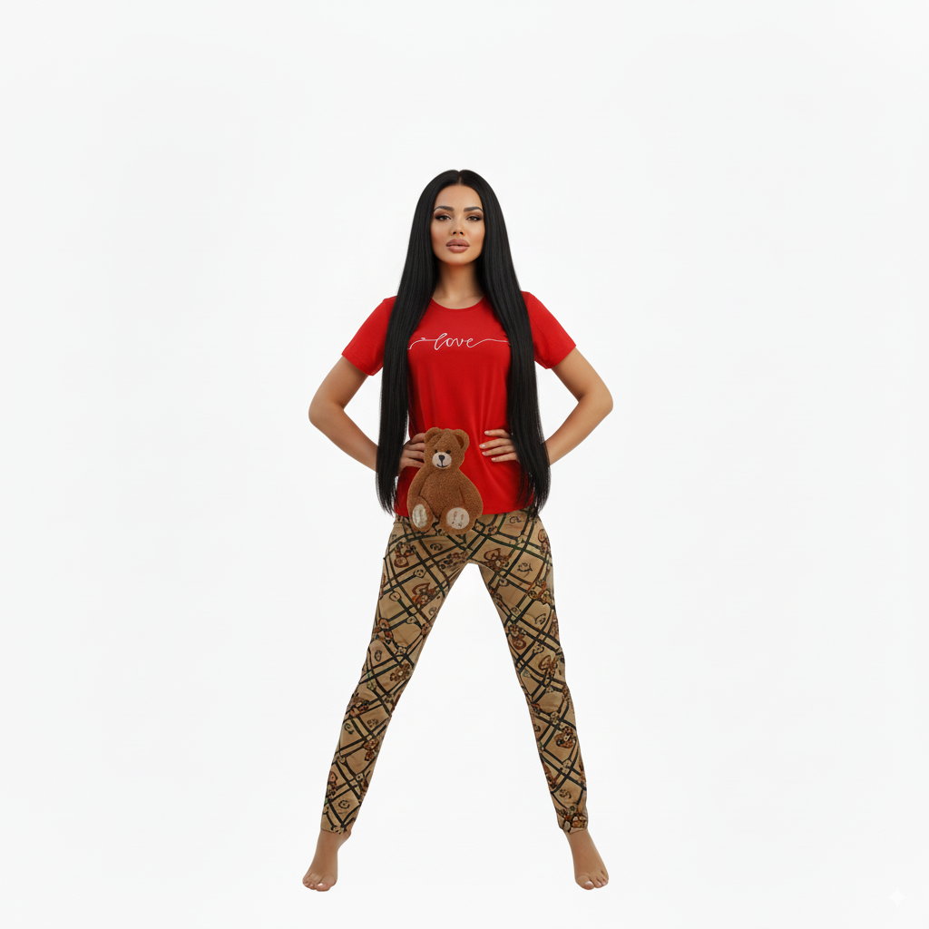 Women's Cute Bear Print Pajama Set – 3 Colors - Red