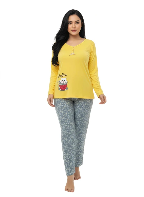 Women's Comfy Kitty Print Long Sleeve PJ Set - Yellow