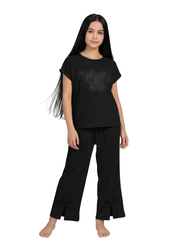 Girls  Ribbed T-Shirt and Split-Hem Lounge Pants Set - Black