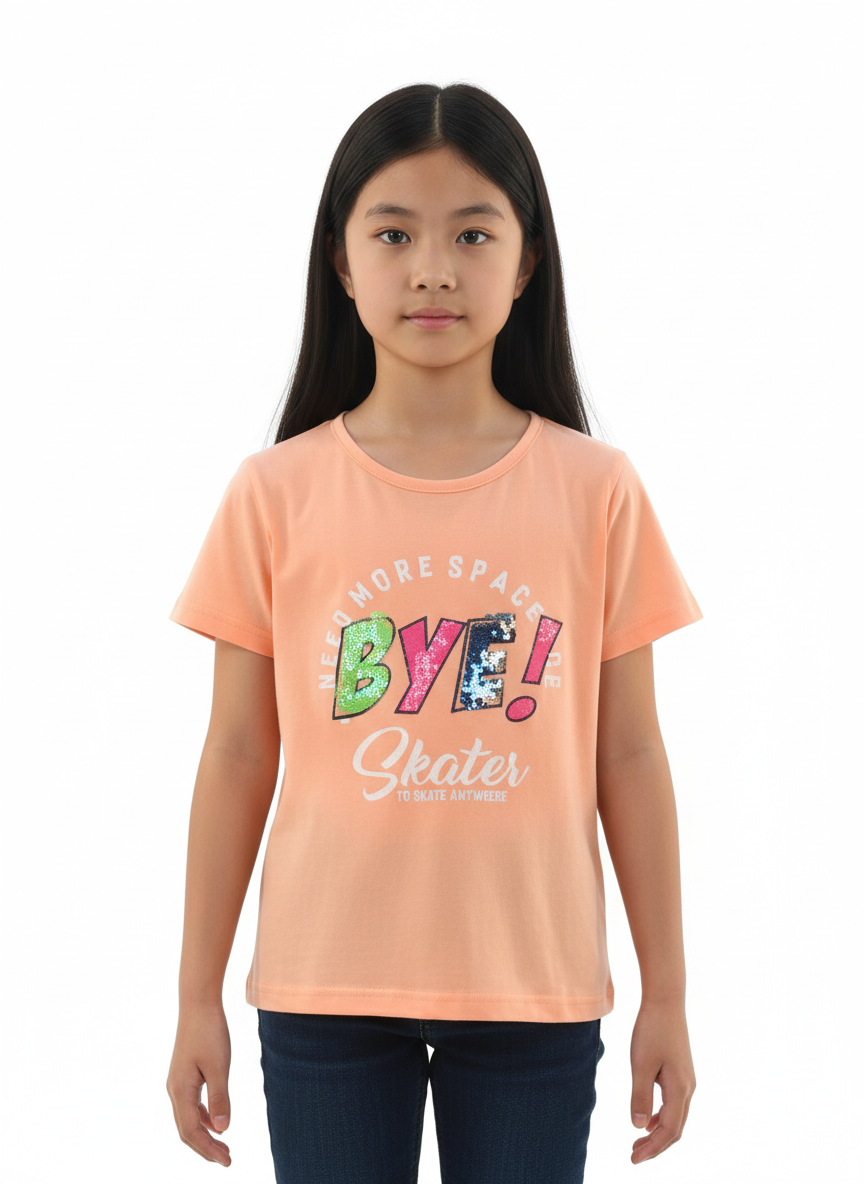 Girl's Need More Space Bye! Skater To Skate Anywhere Print Round Neck Short Sleeve T-Shirt - Orange