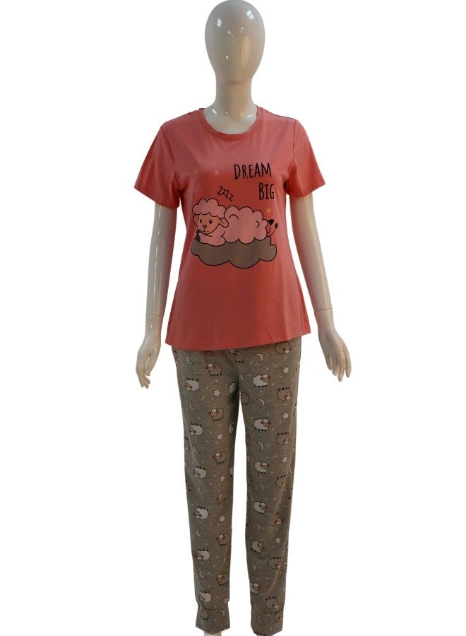 Women's Cotton Pajama Set – "Dream Big" Sheep Print Night Suit - Pink