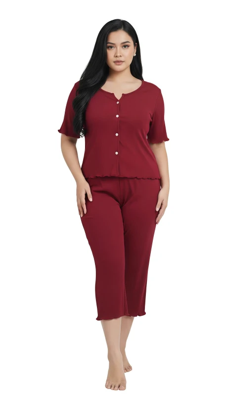Women's Ribbed Ruffle Pajama Set - Red