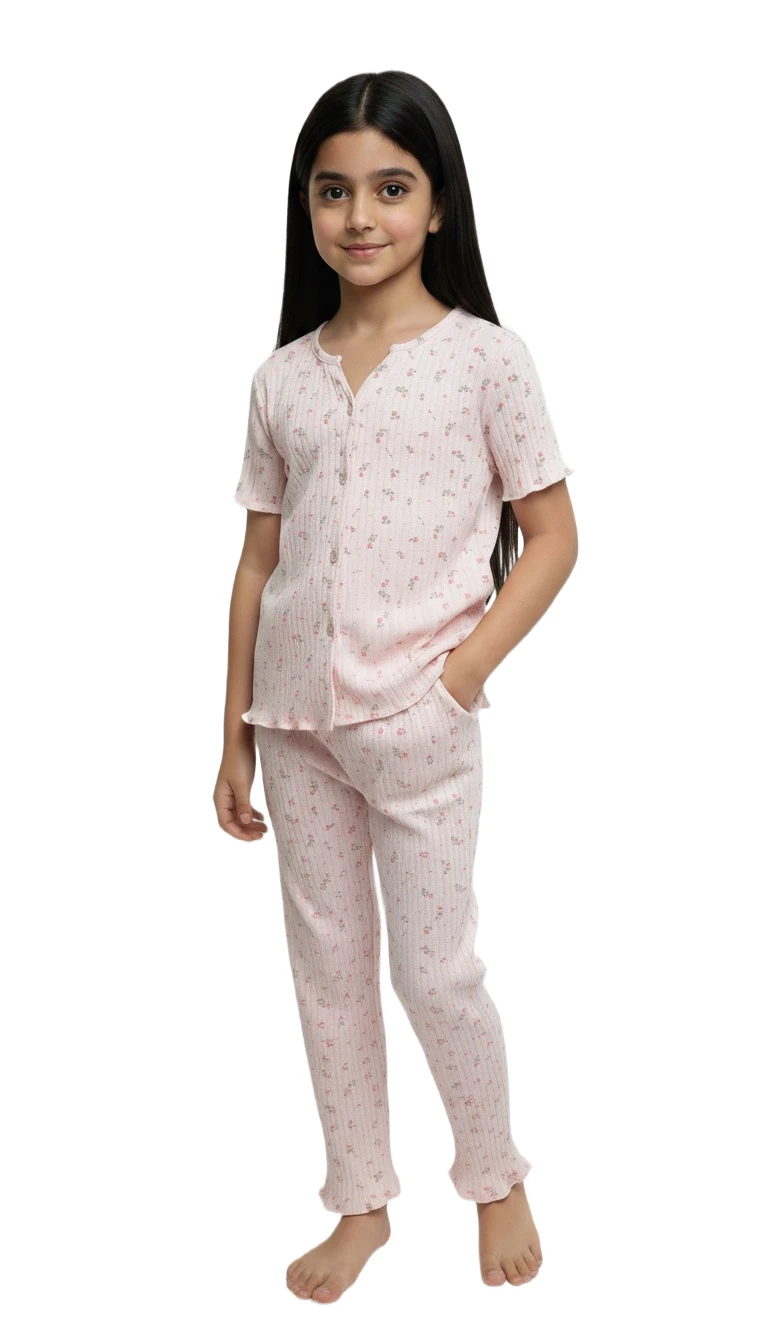 F816780T Girls' Floral Ribbed Pajamas - Pink