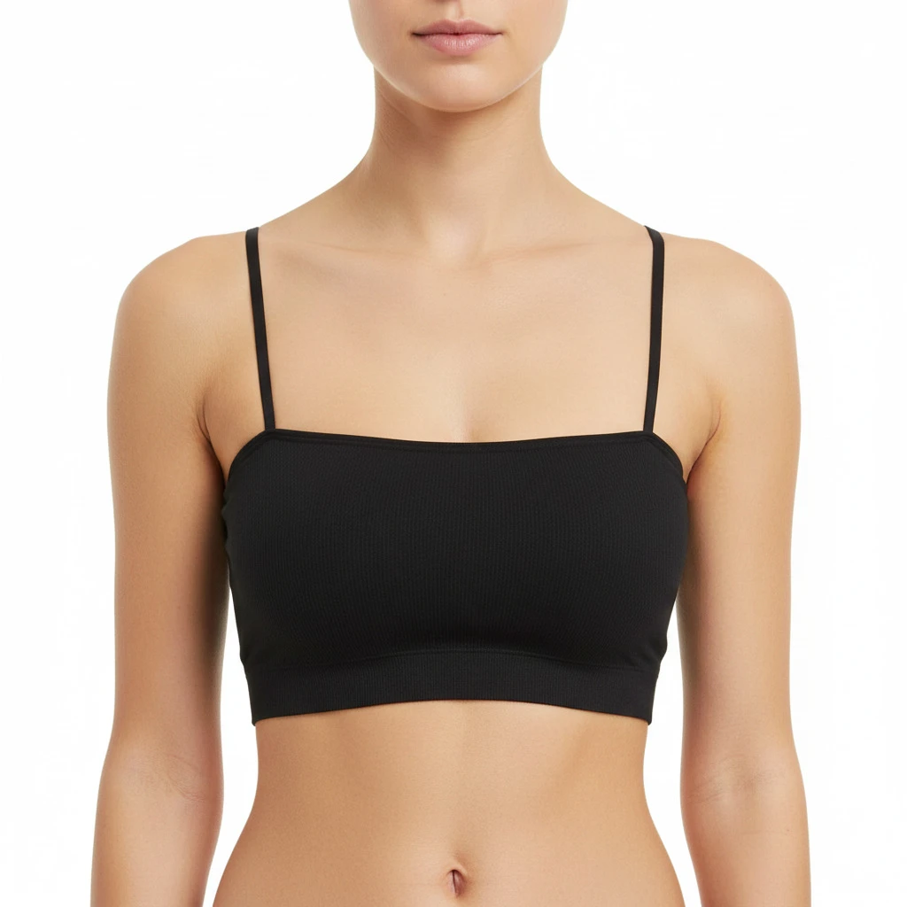 A2120373 Women's Seamless Ribbed Spaghetti Strap Bralette - Minimalist Nude Crop Bandeau Top - Black