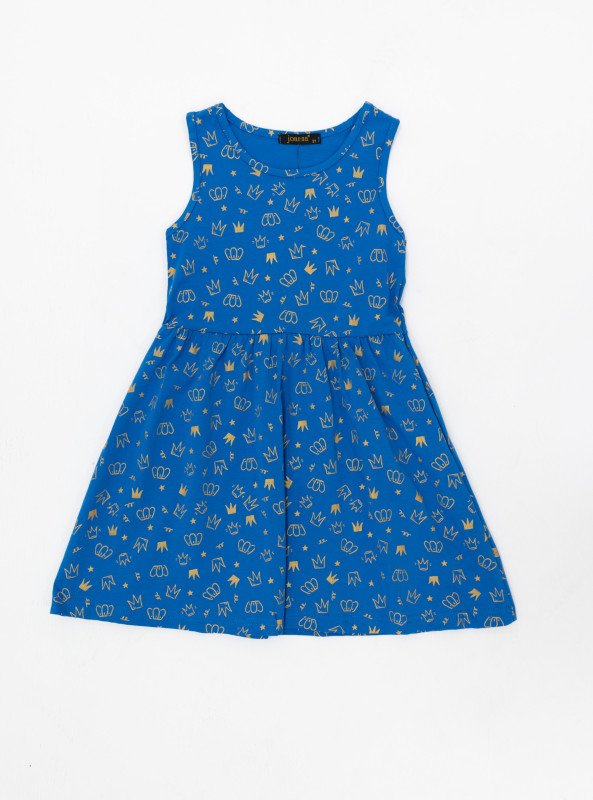 Girls’ Sleeveless Crown Print Cotton Dress - Blue
