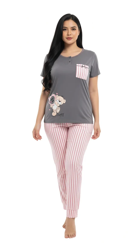 Women's Happy Bear Striped Comfort Pajama Set - Gray
