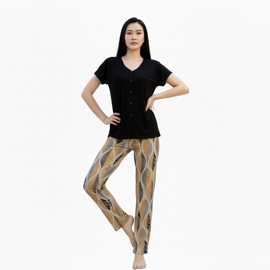 Women’s Printed Pajama Set with Lace Shoulder Detail - Black