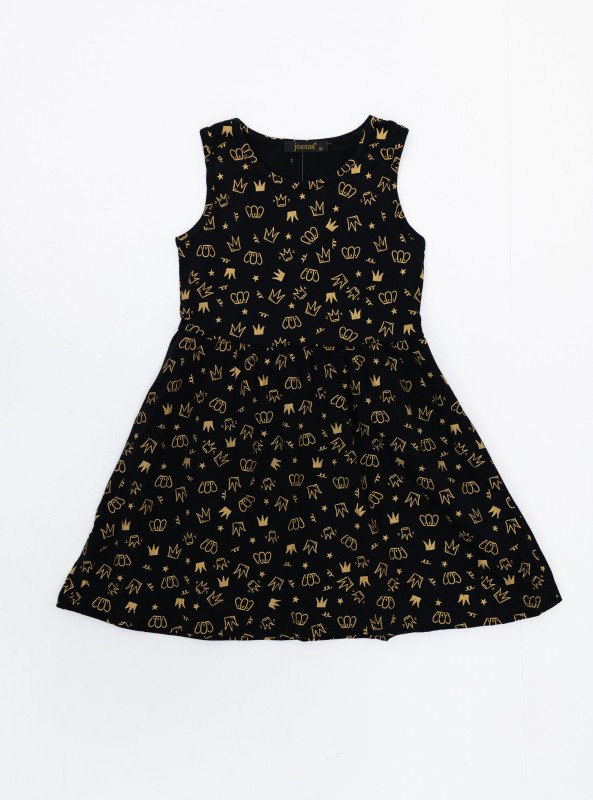 Girls’ Sleeveless Crown Print Cotton Dress - Black