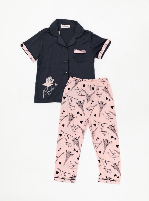 Girls' “Bonjour Paris” Notch Collar Pajama Set - Gray