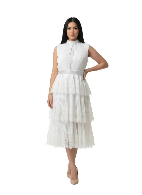 Women's Mock Neck Cutout Tiered Midi Dress - White