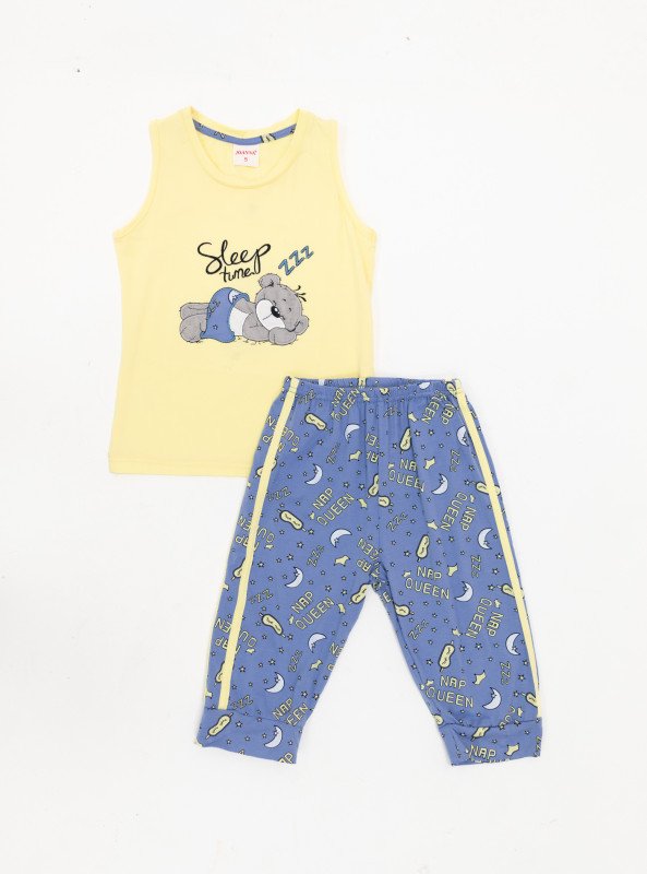 Girls' Sleeveless Cartoon Pajama Set – "Sleep Time" Bear Print - Yellow