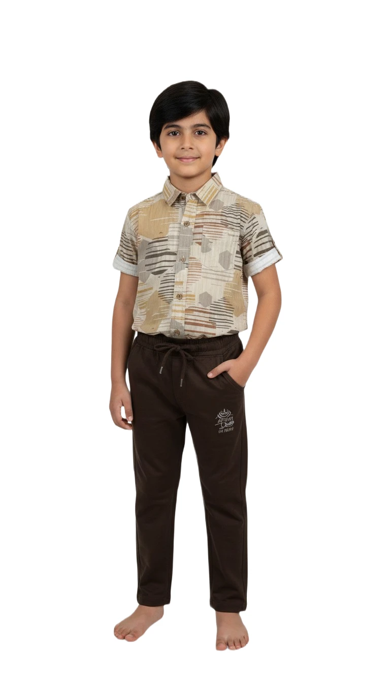 Boys' Patterned Shirt & Jogger Set - Beige