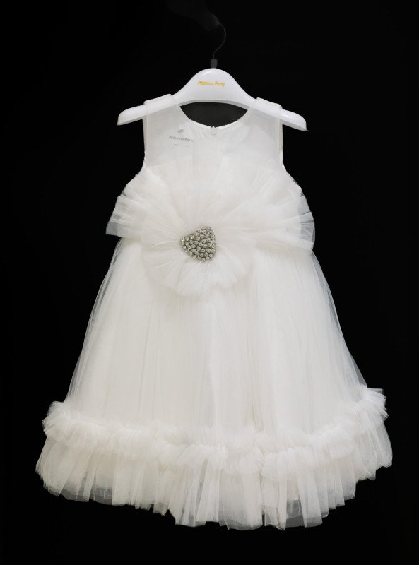 Girls’ White Tulle Party Dress with Heart Brooch - White