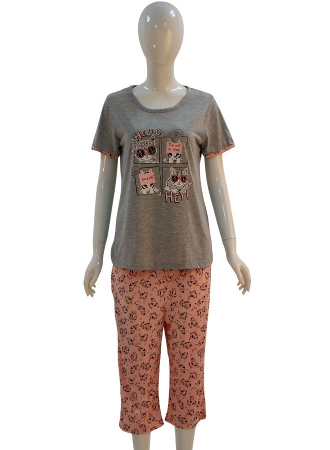 Women's Cotton Printed Cat Loungewear Set – 3/4 Sleeve & Capri Pants - Gray