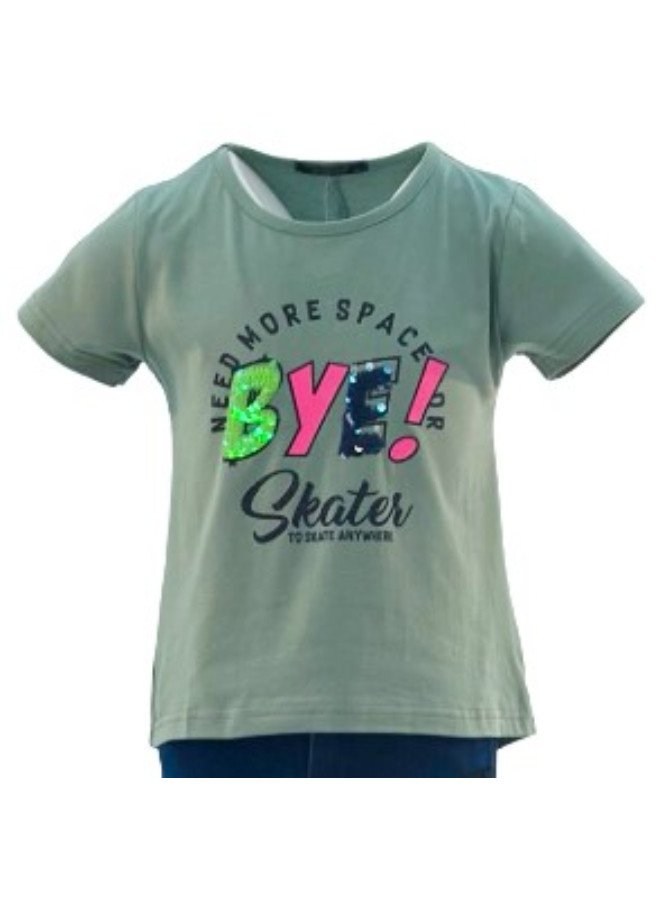 Girl's Need More Space Bye! Skater To Skate Anywhere Print Round Neck Short Sleeve T-Shirt - Green