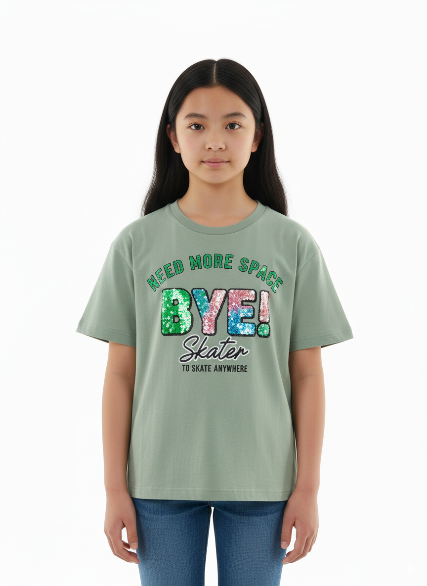 Girl's Need More Space Bye! Skater To Skate Anywhere Print Round Neck Short Sleeve T-Shirt - Green