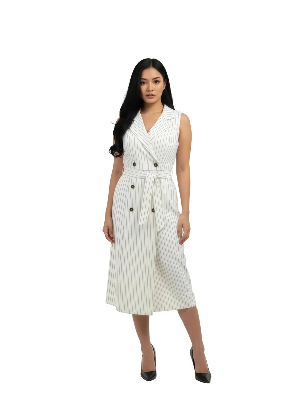 Women's Pinstripe Trench Midi Dress - White