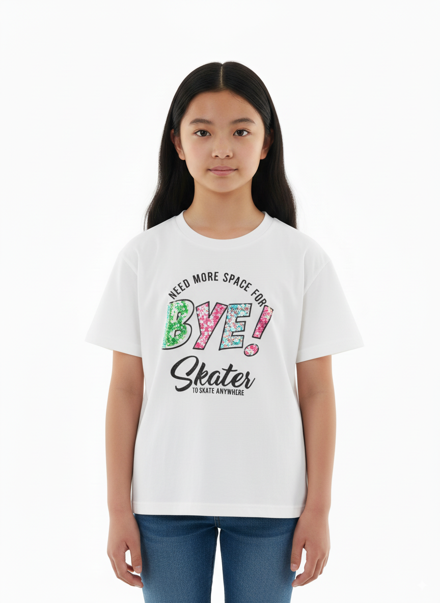 Girl's Need More Space Bye! Skater To Skate Anywhere Print Round Neck Short Sleeve T-Shirt - White