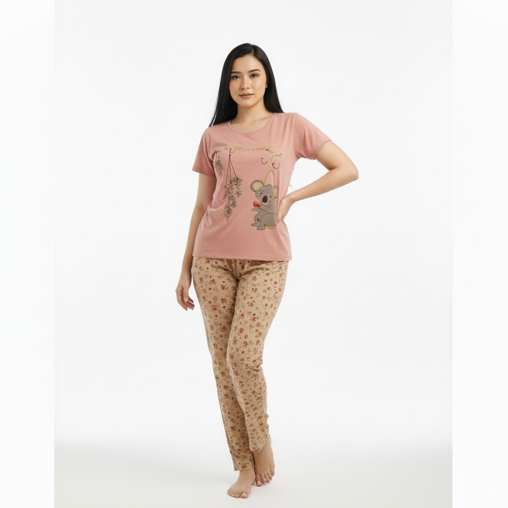 Women’s Cotton Printed Sleepwear Set – Koala “Houseplant” Design - Pink