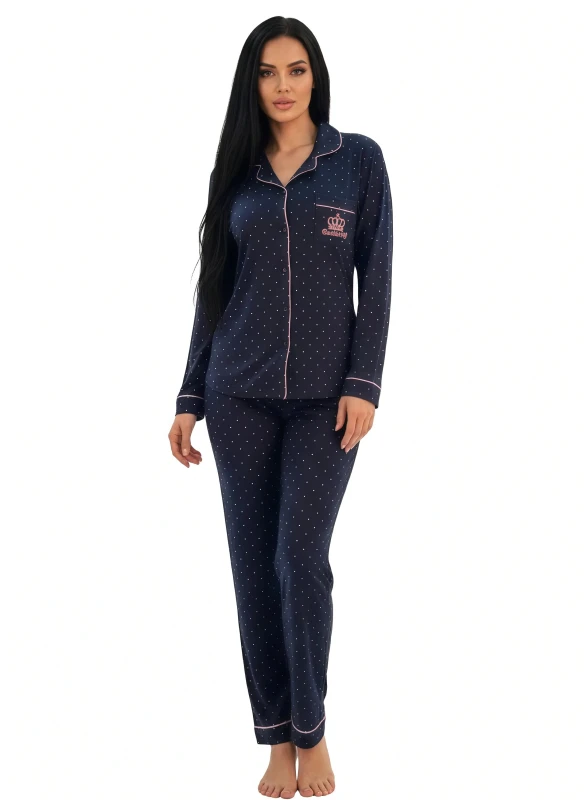 Women Crown Embroidered Polka Dot Pajama - Navy