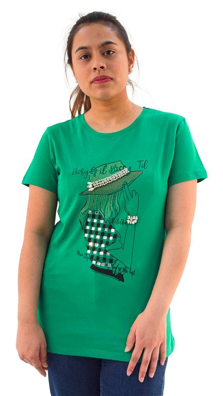 Women's Lady Wearing Hat With Quotes Round Neck Short Sleeve T-Shirt - Green