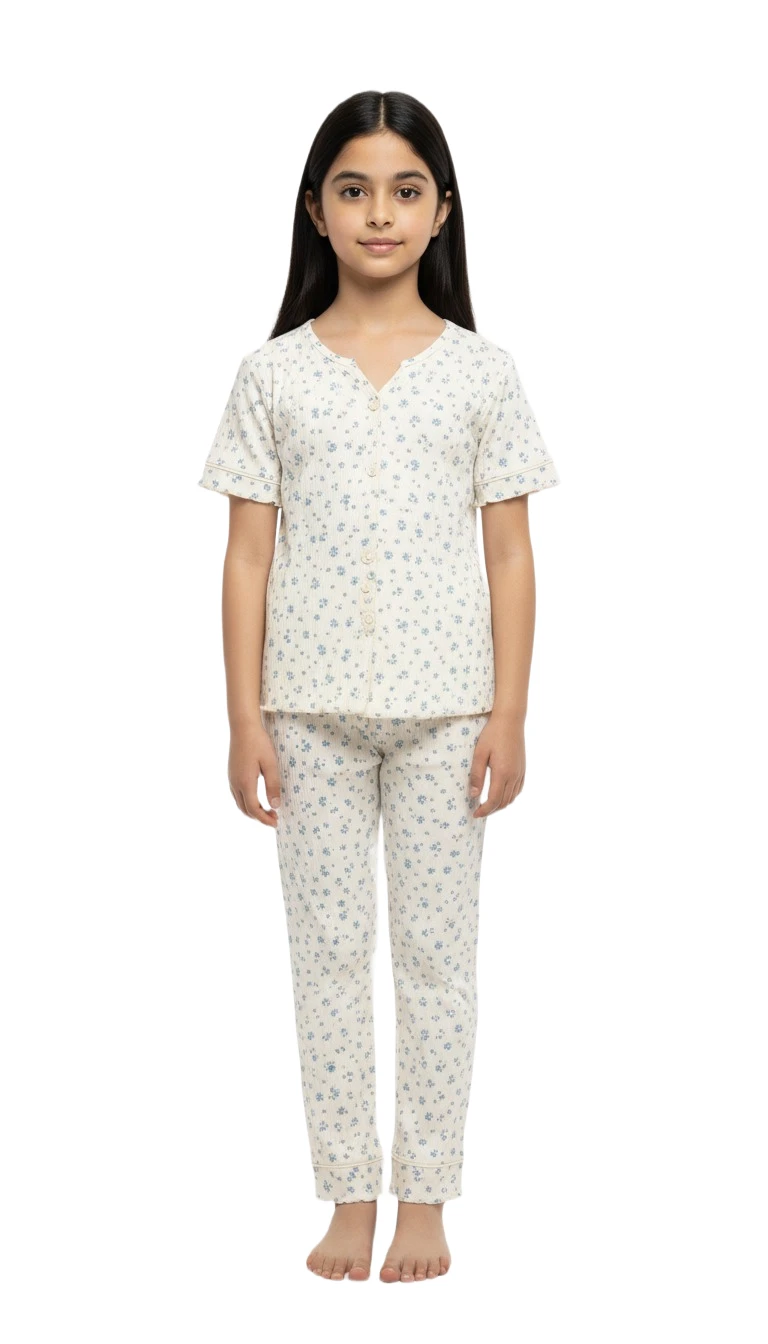 F816780T Girls' Floral Ribbed Pajamas - Beige