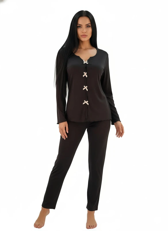 Bow-Front Ribbed Pajama Set - Black