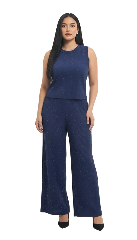 Women's Ribbed Knit Sleeveless Top & Wide Leg Pant Set - Navy