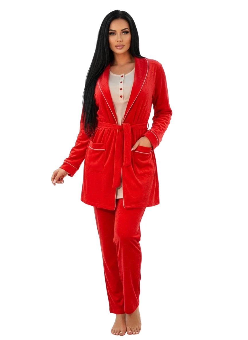 Women Cozy Crown Embroidered Pajama & Robe Set - Coral