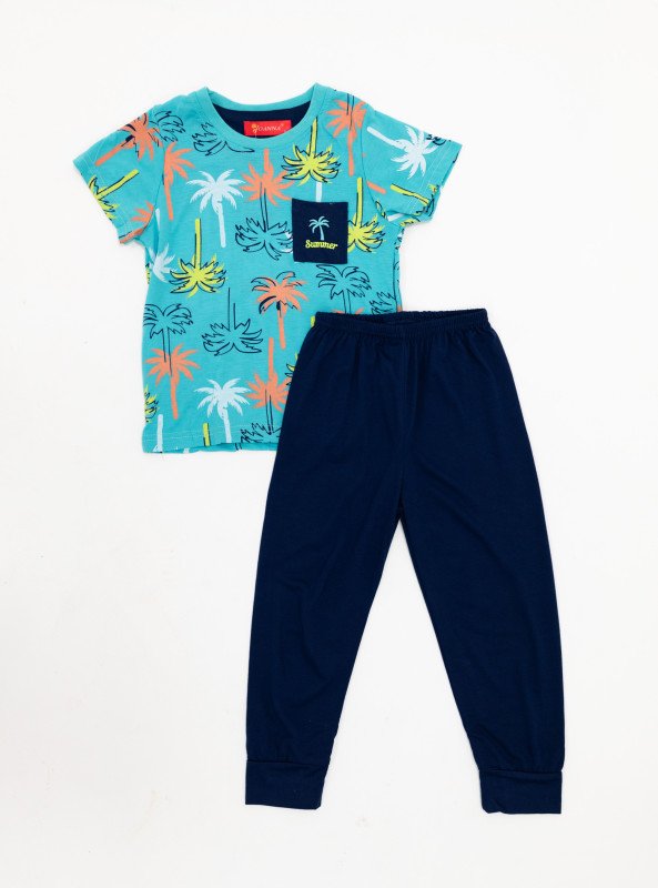 Boys' Tropical Palm Print Pajama Set – Summer Tee & Solid Navy Pants - Turquoise