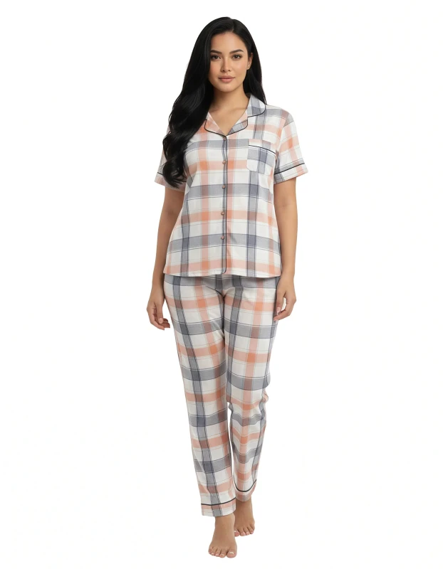 292384   Classic Plaid Short Sleeve Pajamas - Orange