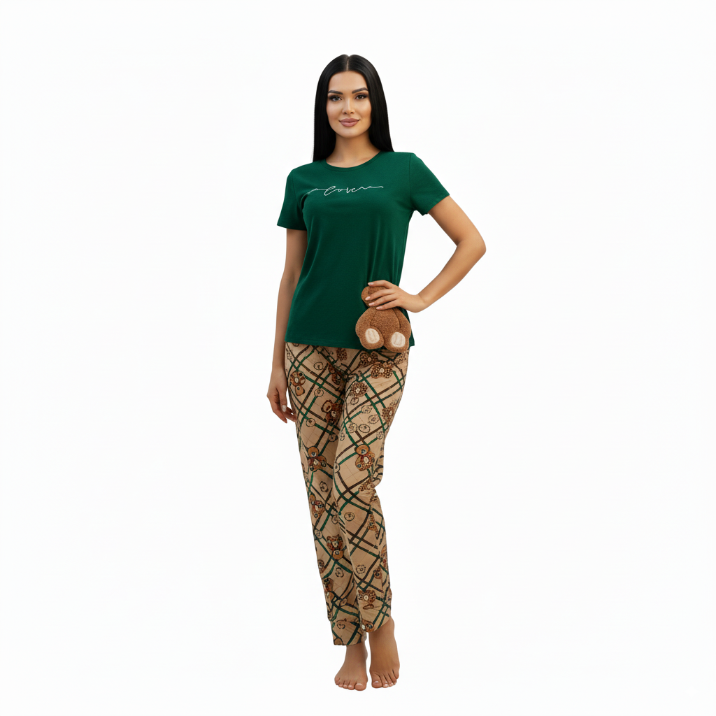 Women's Cute Bear Print Pajama Set – 3 Colors - Green