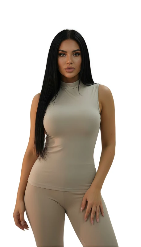 Womens High-Neck Sleeveless Baselayer Top - Beige