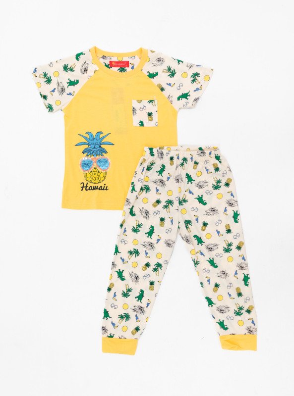 Boys' Hawaii Pineapple Pajama Set – Tropical Print Tee & Fun Graphic Pants - Yellow