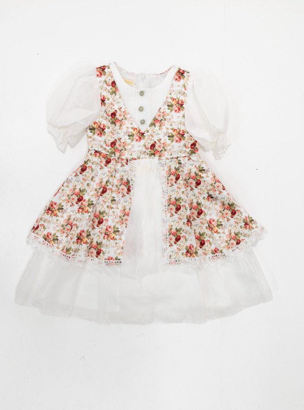 Girls’ Vintage Floral Puff Sleeve Dress with Lace Trim - Orange