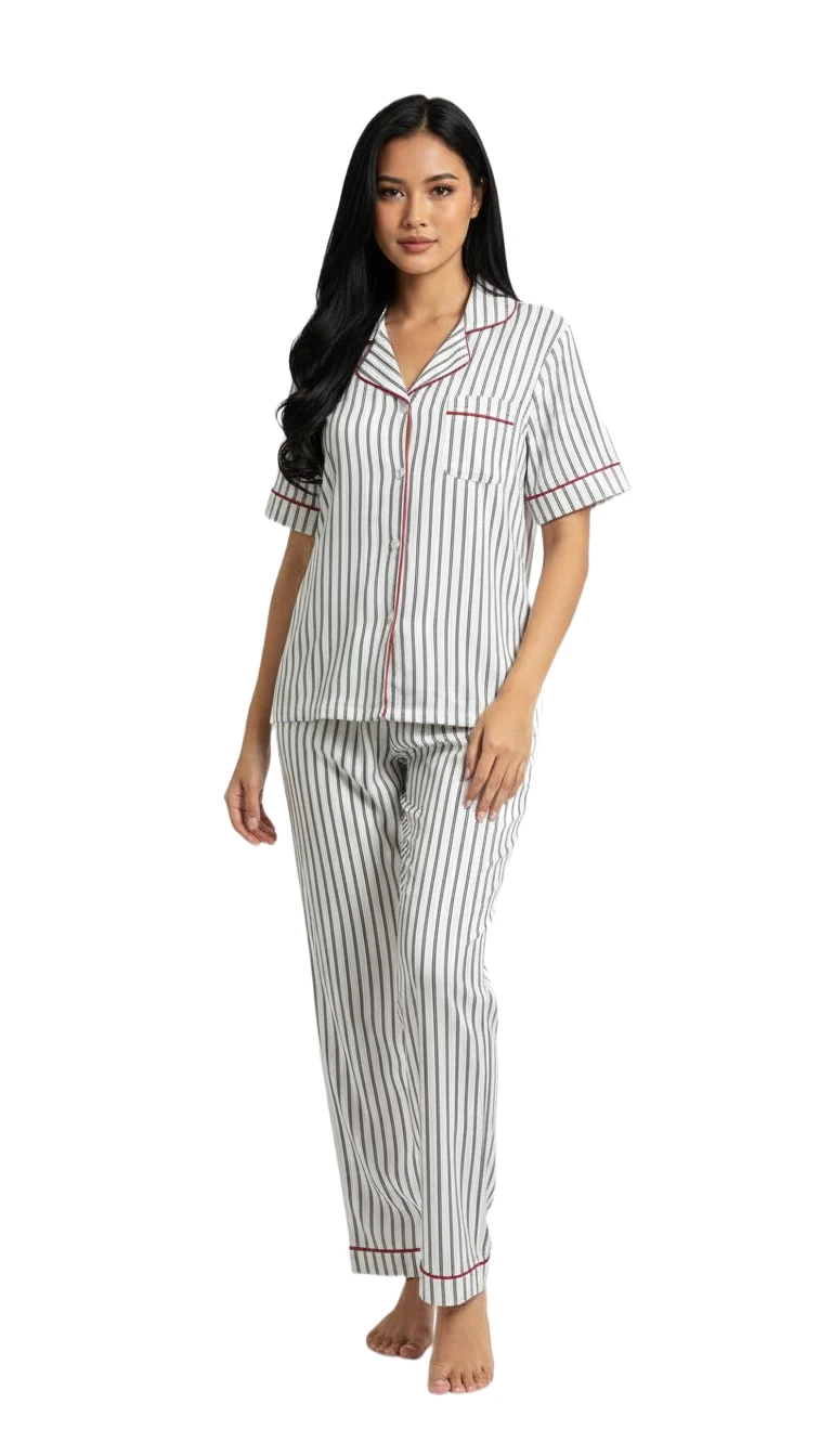 Striped Short Sleeve & Pant Pajama Set - White