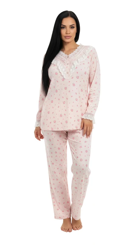 Women's Ruffled Neckline Floral Print Pajama Set - LightPink
