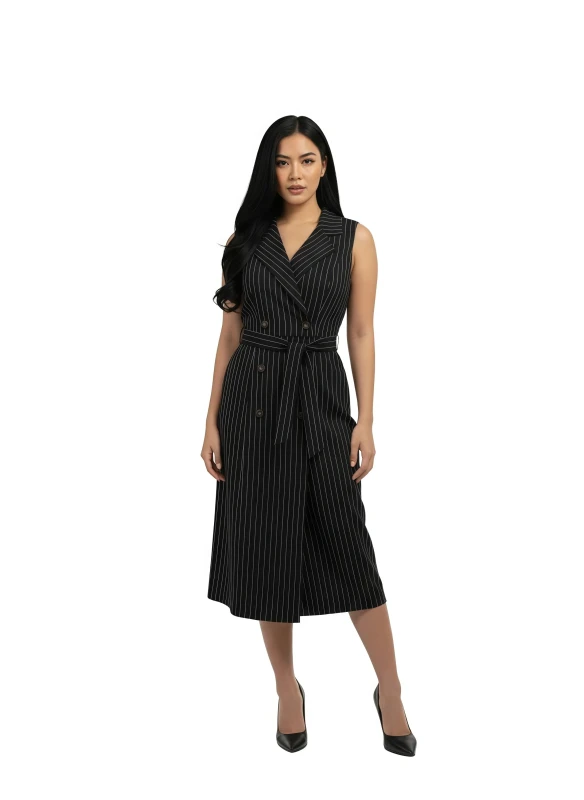 Women's Pinstripe Trench Midi Dress - Black