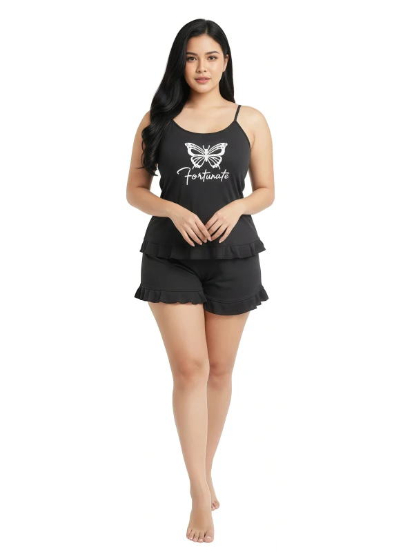 281918-2T  Women's Butterfly Graphic Cami & Ruffle Shorts  Set - Gray