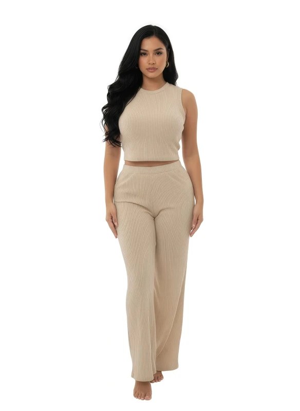 Women's Rust Ribbed Co-ord Set with Sleeveless Top - Beige