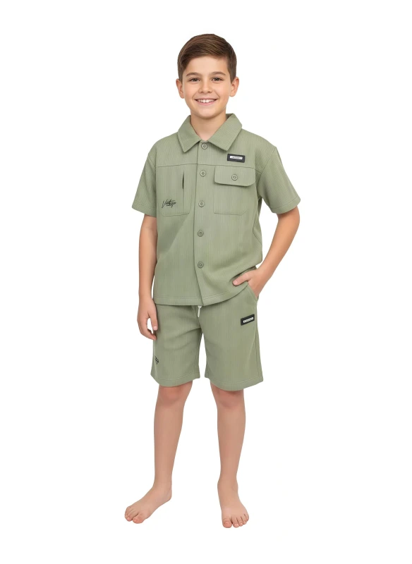 Boy's Monochrome Ribbed Shirt and Short Combo - Green