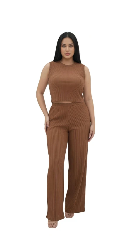 Women's Rust Ribbed Co-ord Set with Sleeveless Top - Brown