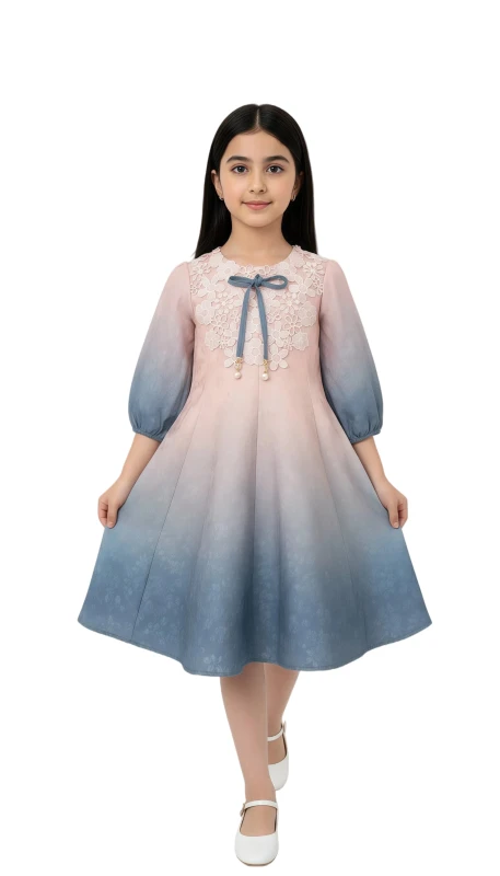 Girl's Floral Lace Yoke Ombre Dress - Pink