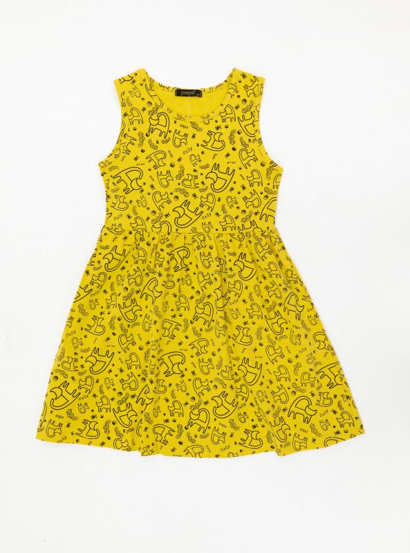 Girls’ Sleeveless Cartoon-Print Cotton Mini Dress - Yellow