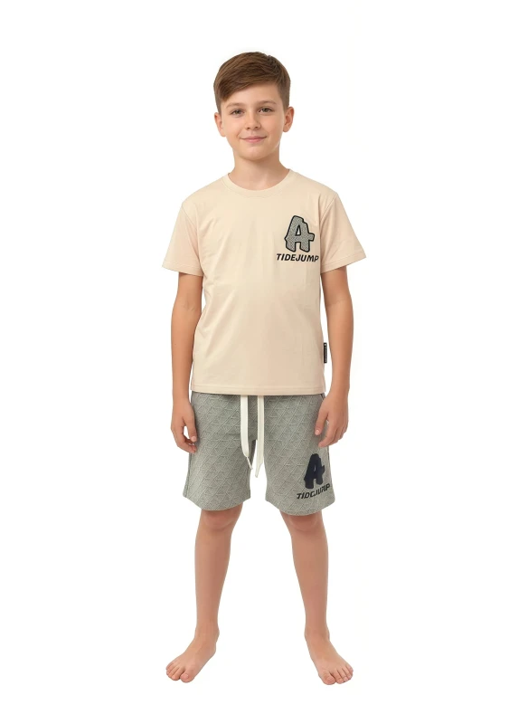 Boy's "TIDEJUMP" Graphic Tee & Patterned Shorts Set - Beige