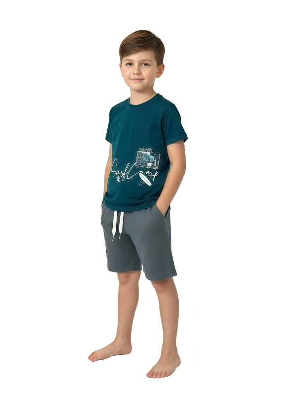 Boy's "Surf Camp" Graphic Tee & Striped Shorts Set - SeaGreen